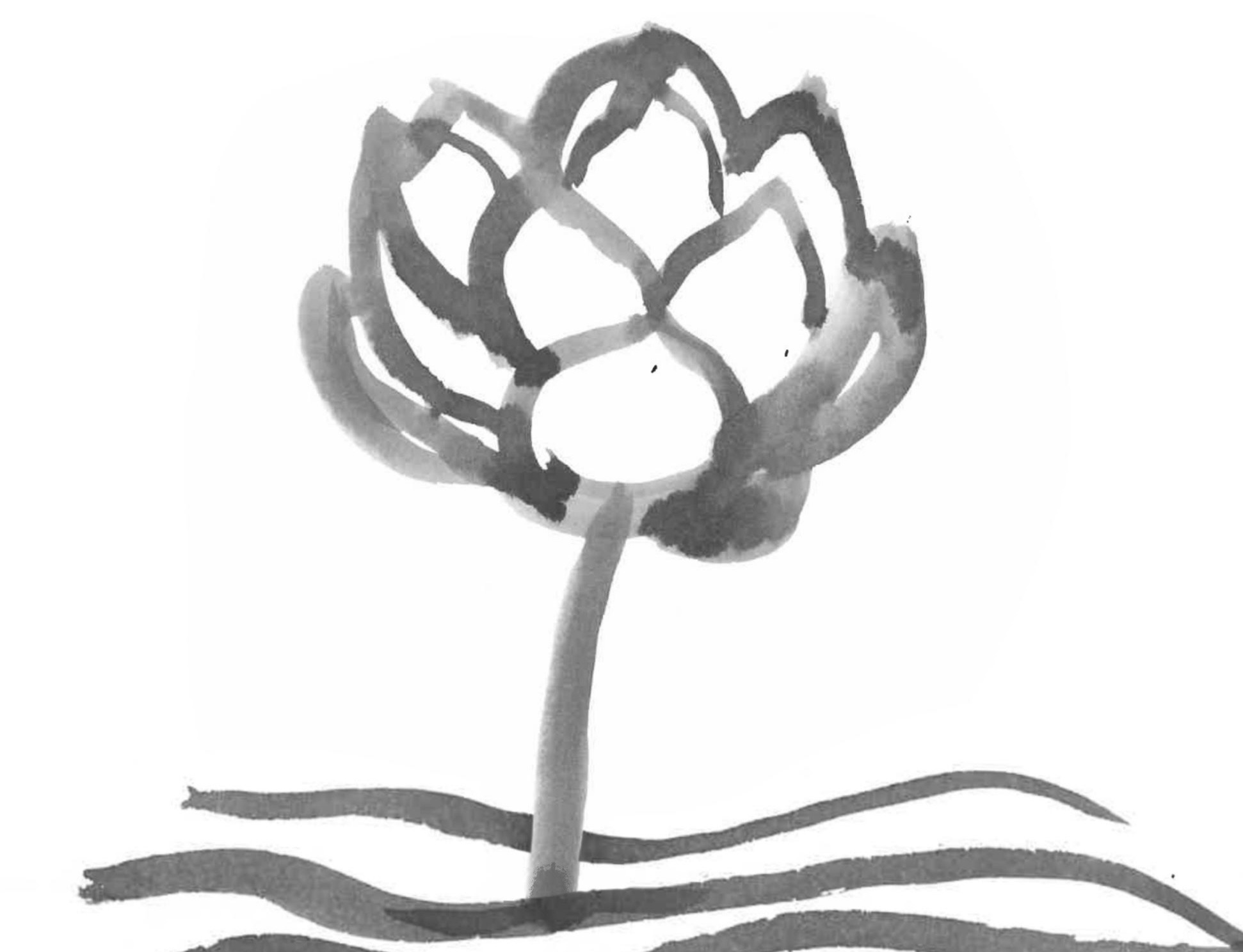 Ink drawing of a lotus flower growing from a bed of mud.