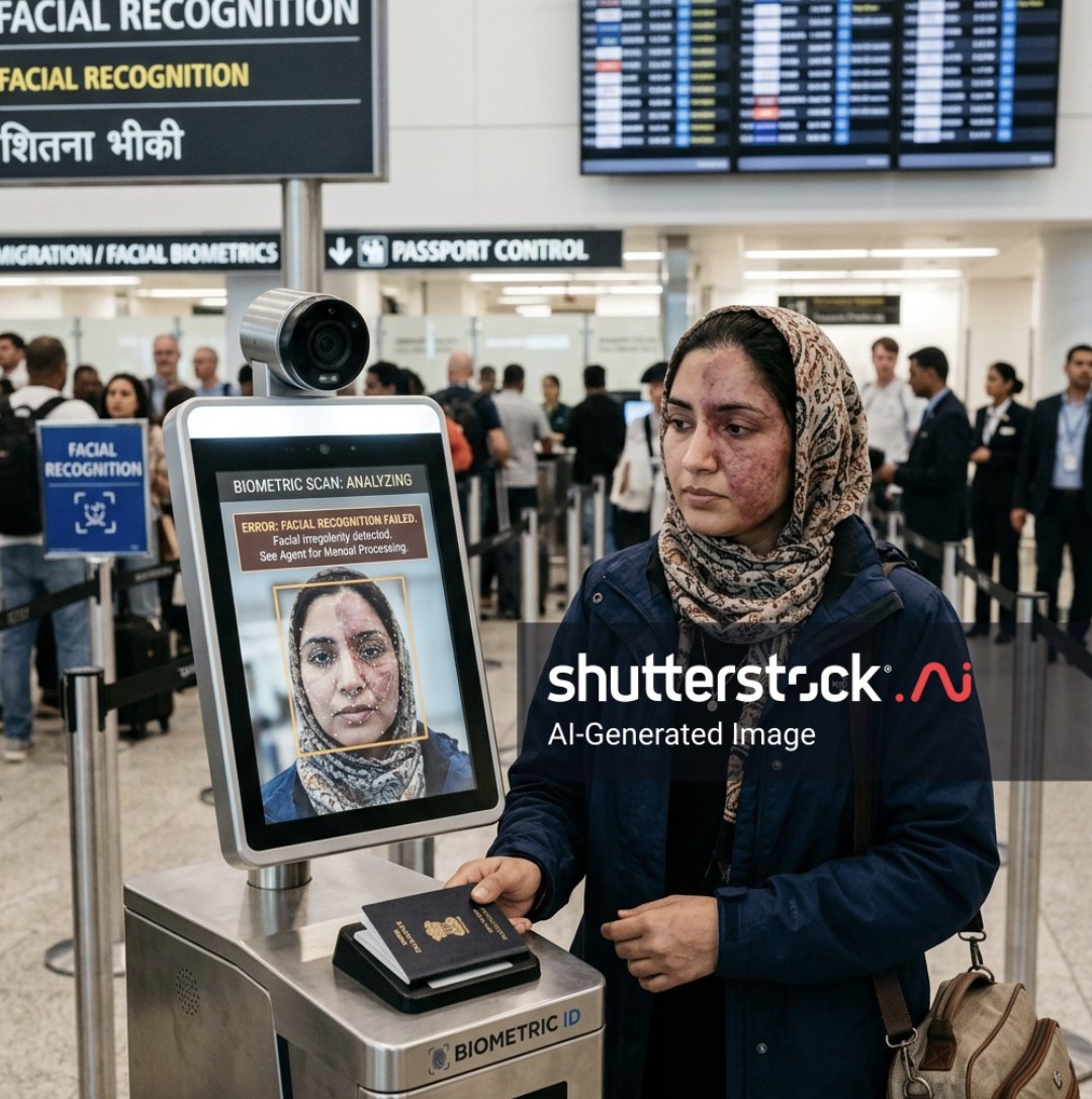 A woman with a birthmark or scar on the left side of her face over her eye holds her passport to an airport border control kiosk. The screen says "ERROR: FACIAL RECOGNITION FAILED"