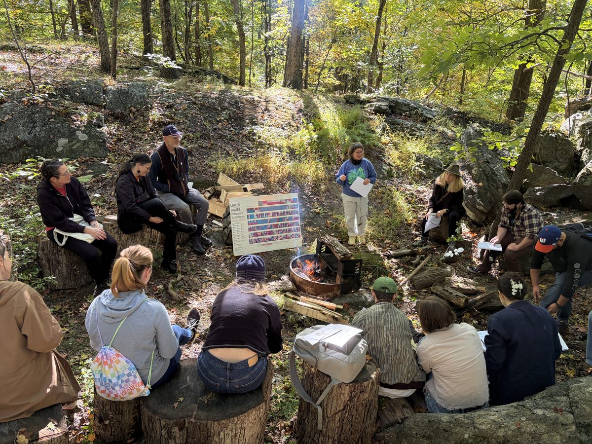 Workshop participants sit on logs and stumps around a small fire in the woods while a presenter stands by a broadcast chart