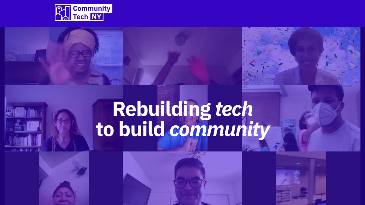 A video call grid under the words Rebuilding tech to build community